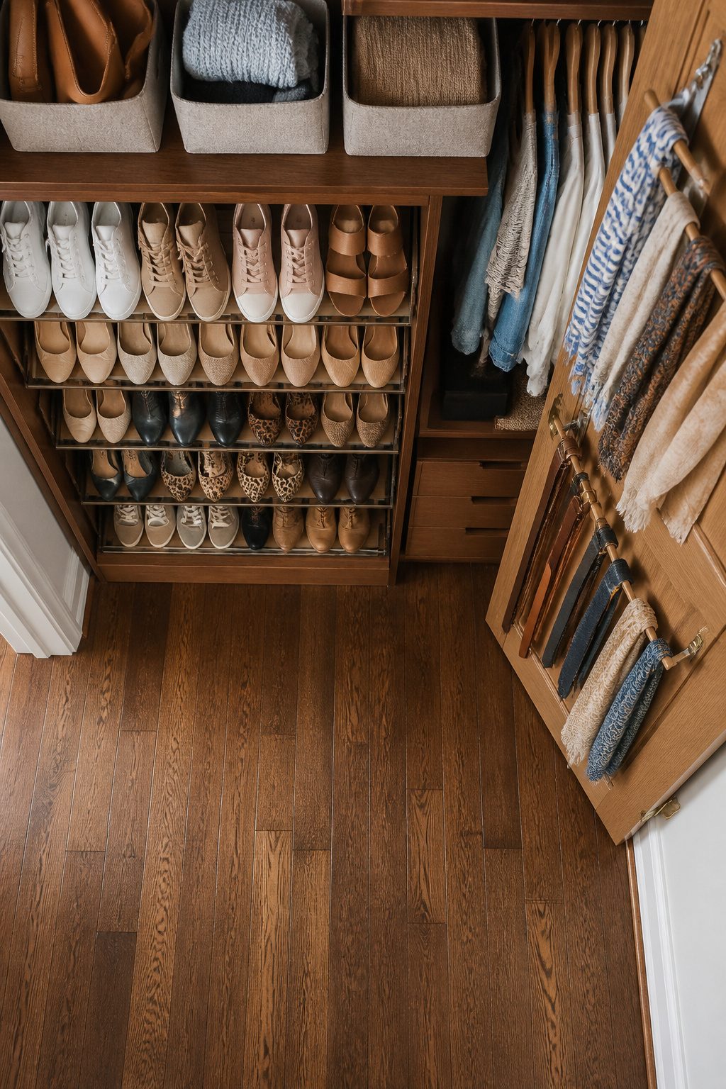 A closet with a slanted shoe rack and accessory organizer.