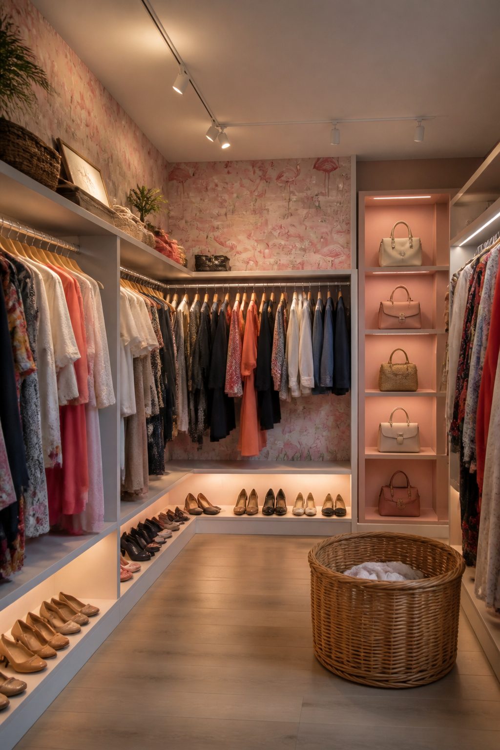 A closet with flamingo wallpaper and stylish under-shelf lighting.