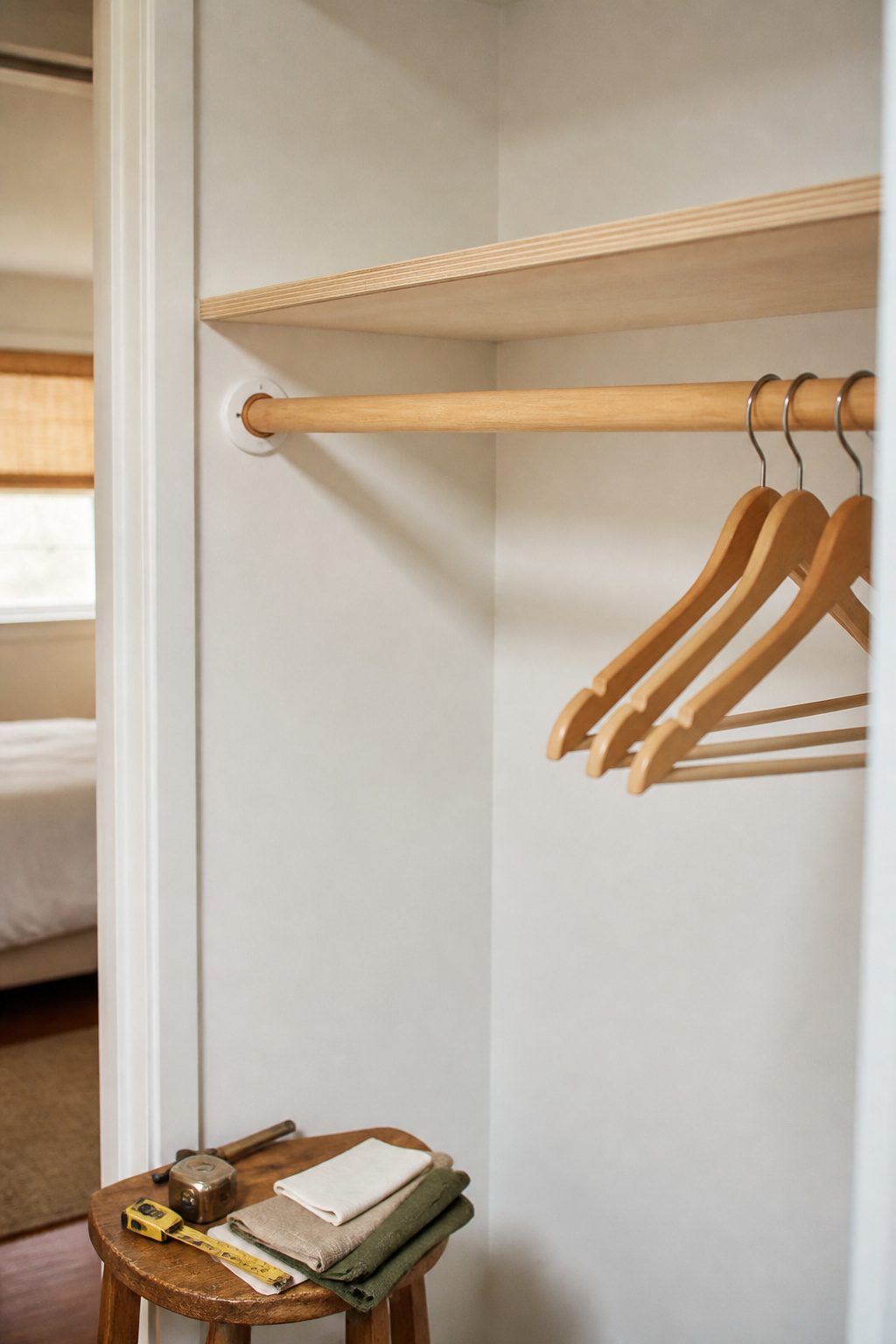 A wooden hanging rod installed at an optimal height in a closet.