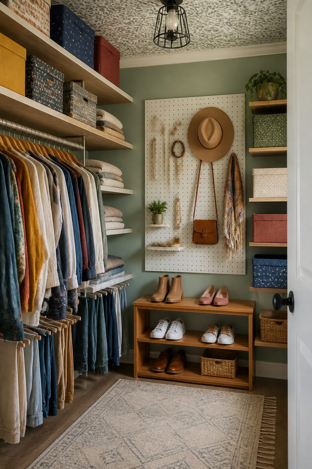 Organized open shelving with fabric bins and wall-mounted hooks.