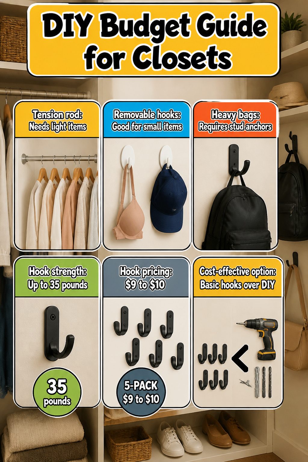 A guide showcasing affordable DIY storage solutions for closets.