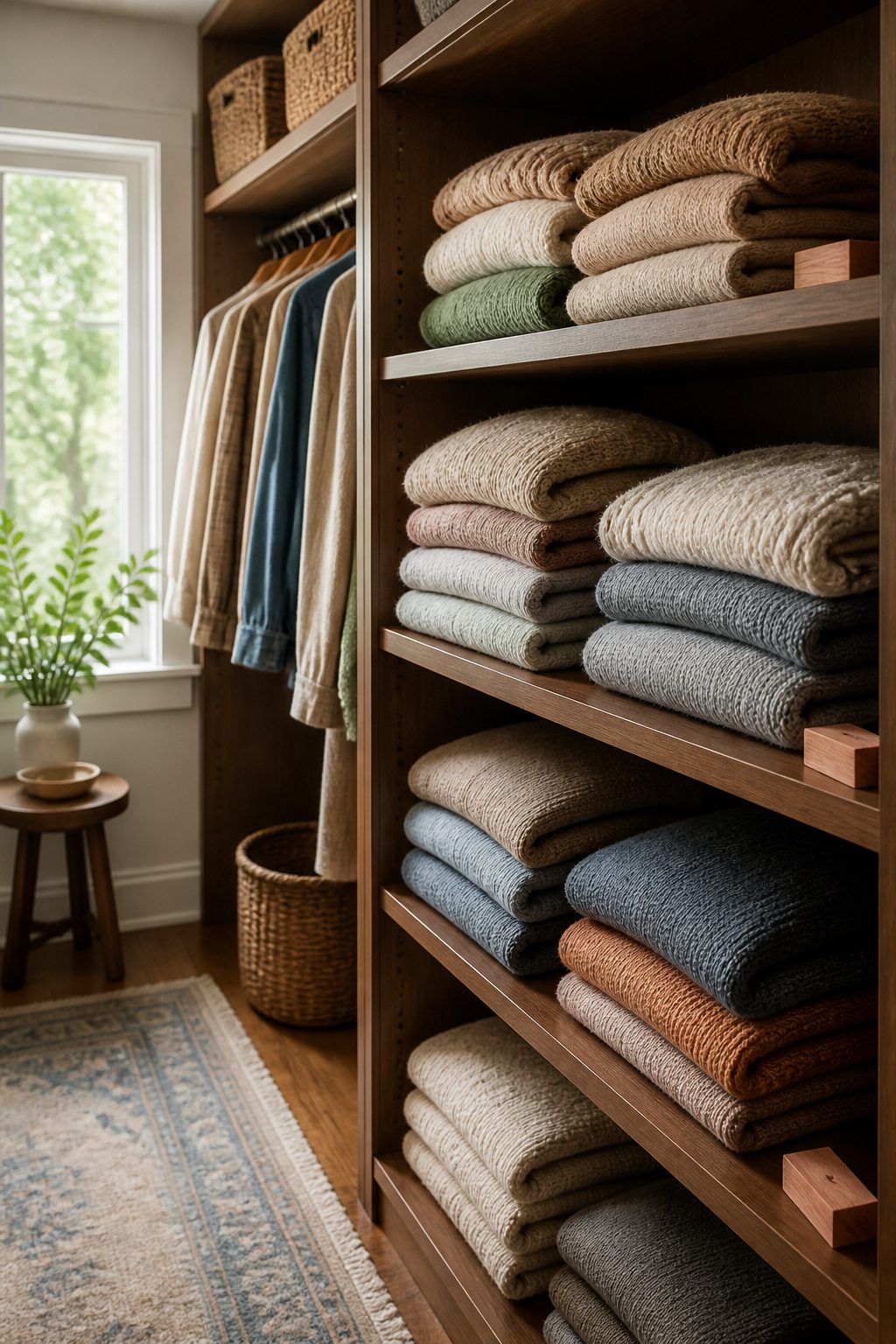A shelf displaying neatly folded sweaters in various colors.