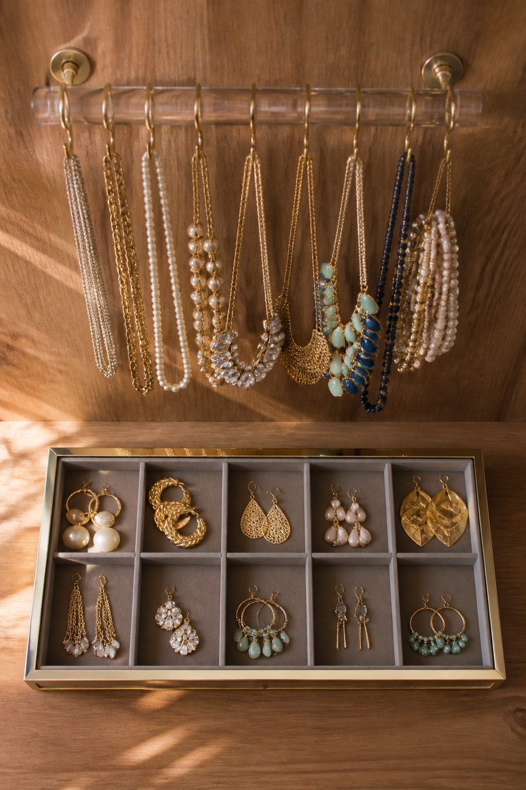 Jewelry organized on trays and wall-mounted hooks in a closet.
