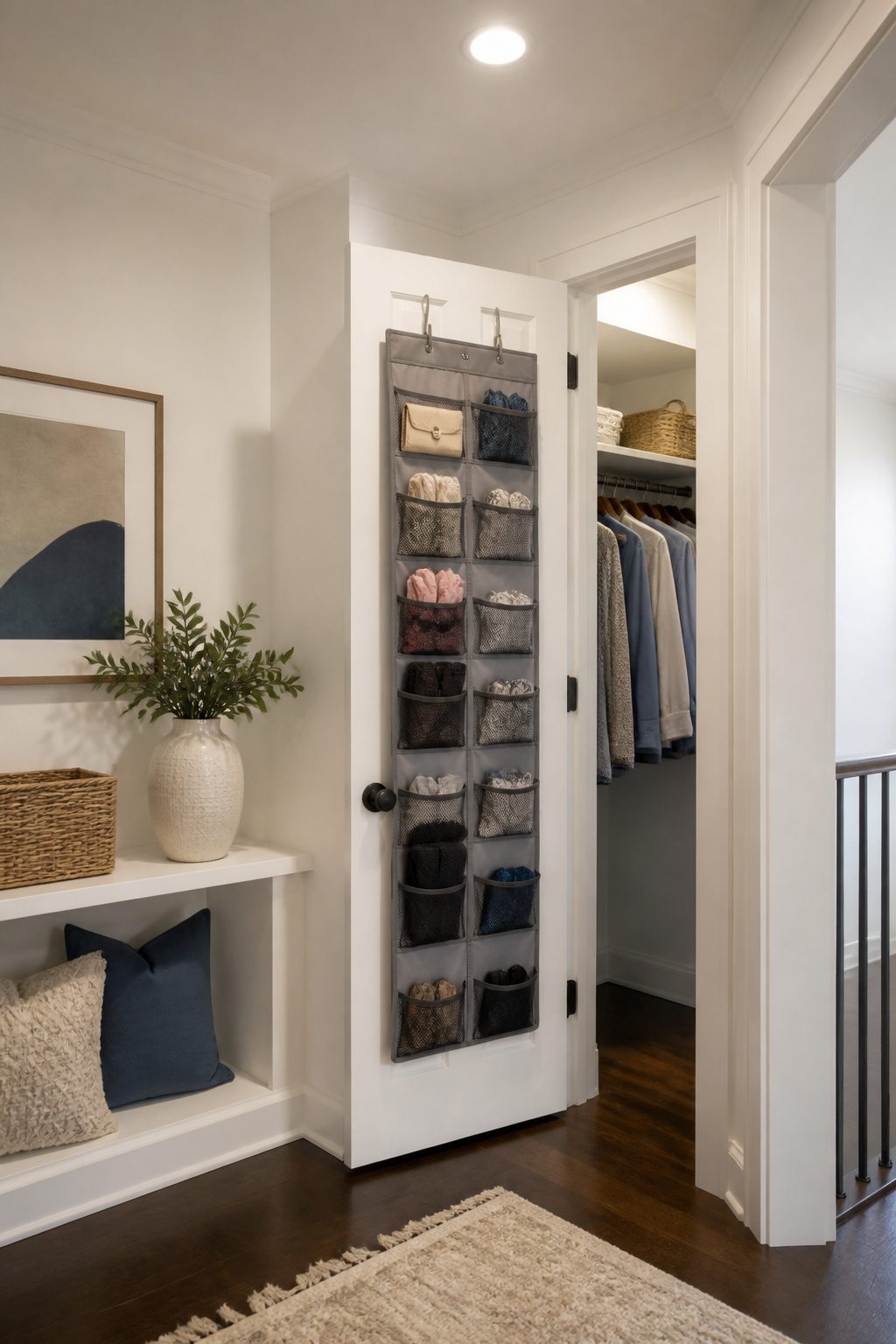 Pocket organizers and hooks hanging on the back of a closet door.
