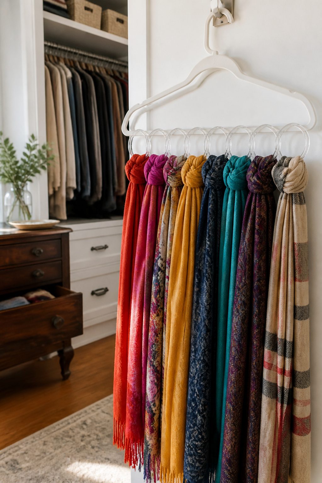 A hanger with colorful scarves looped through shower curtain rings.