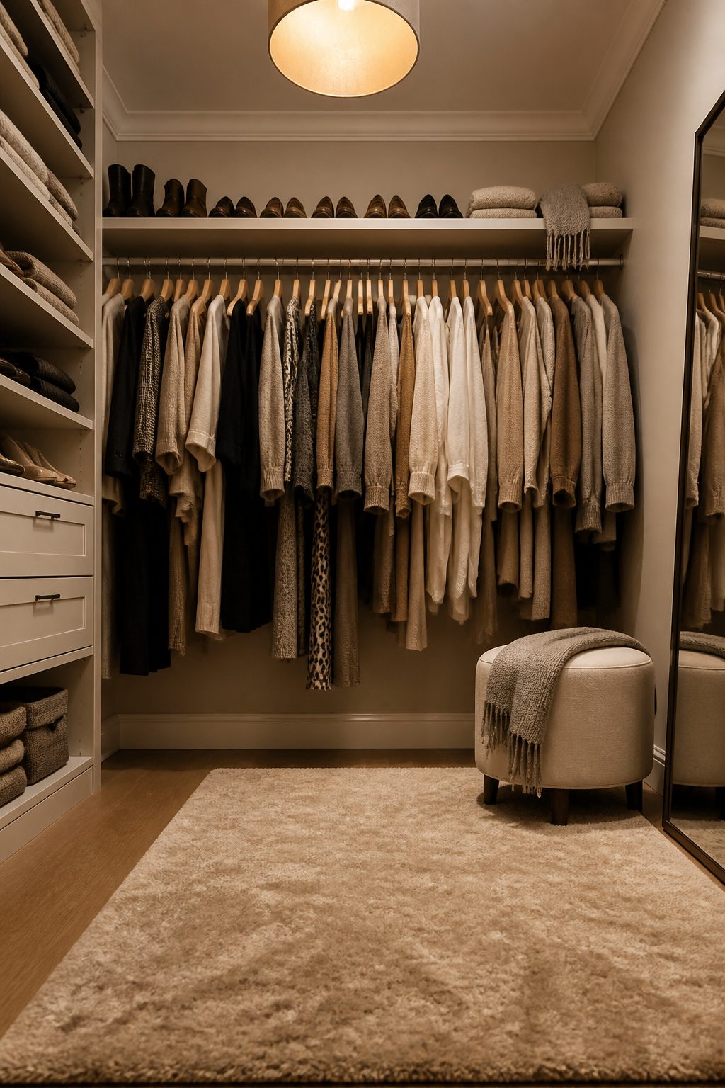 A narrow shelf above a hanging rod storing shoes and scarves.
