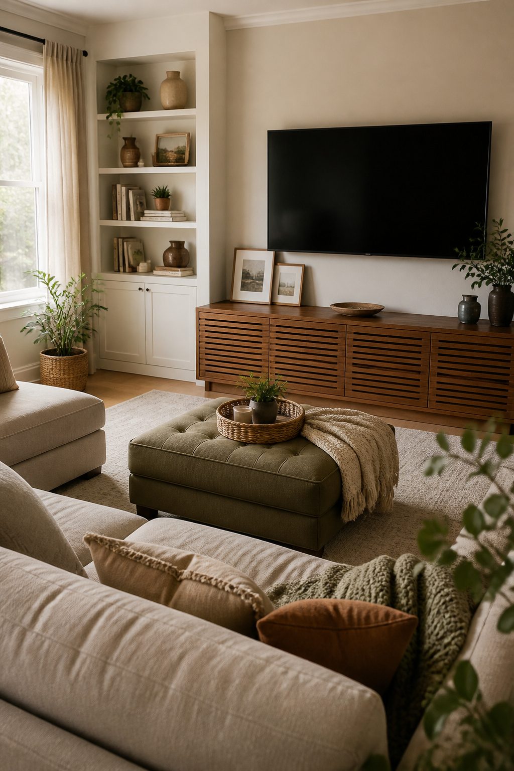 Low built-in shelves and a media console in a living room.