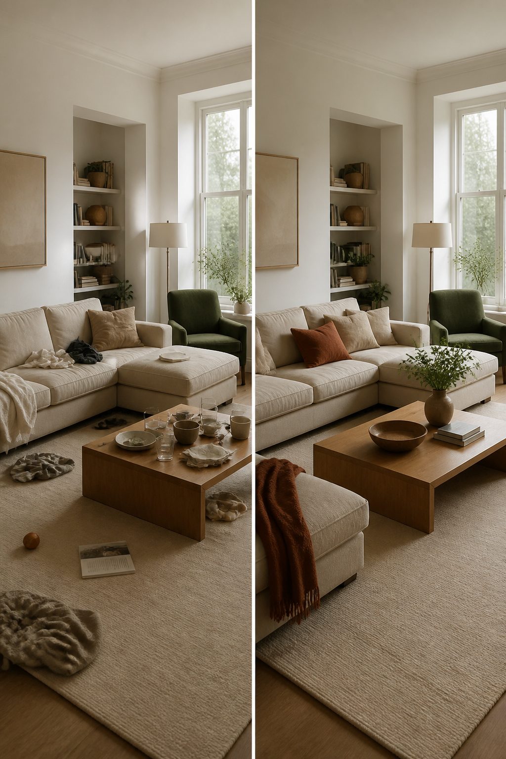 A cozy living room featuring warm neutral tones and decor.