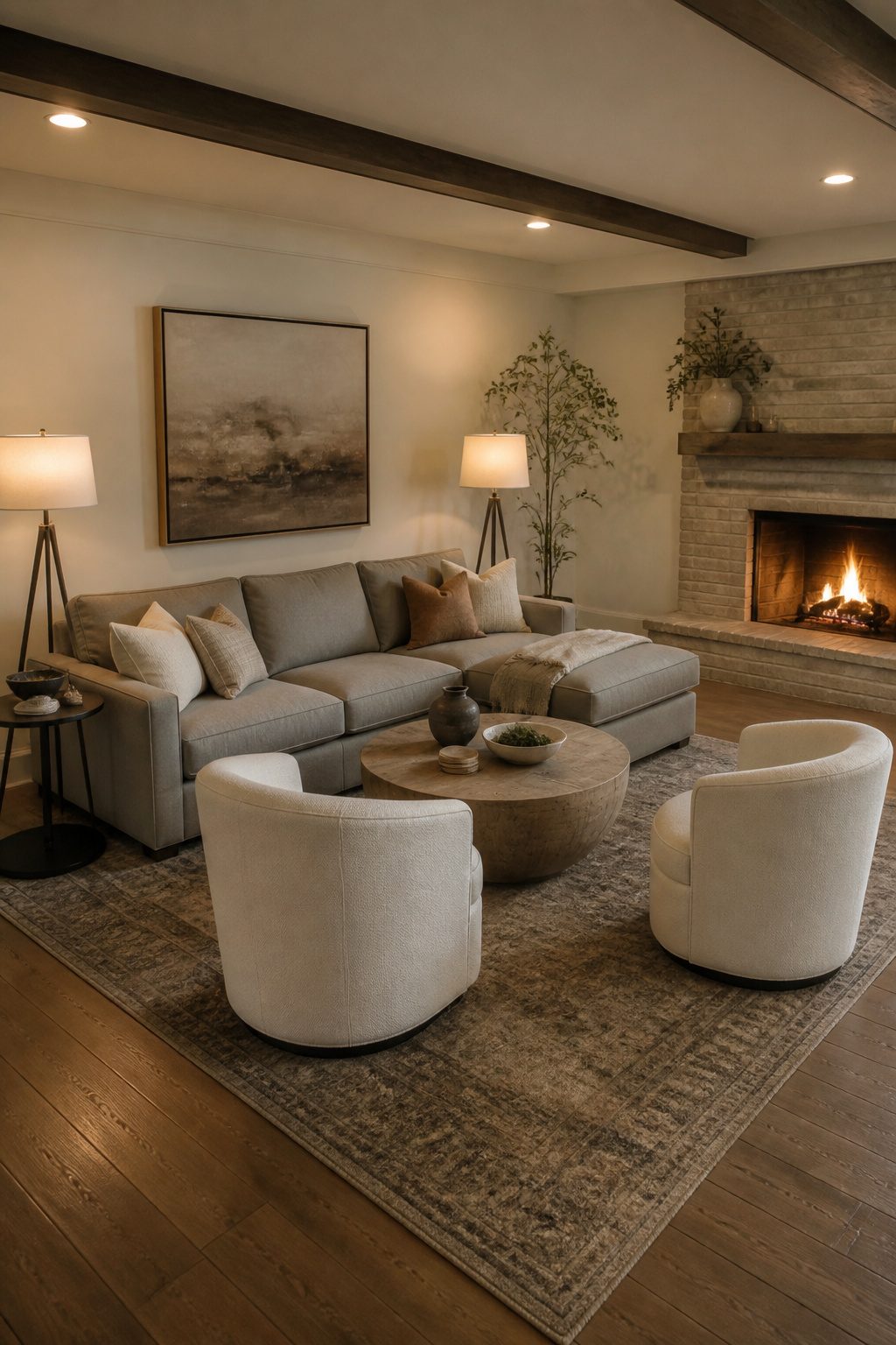 A sectional sofa surrounded by a coffee table and end tables.