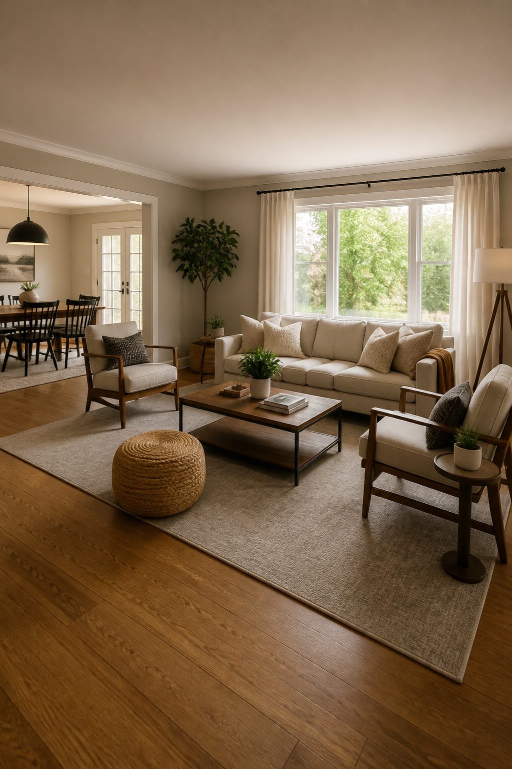A large area rug anchoring the seating area in a living room.