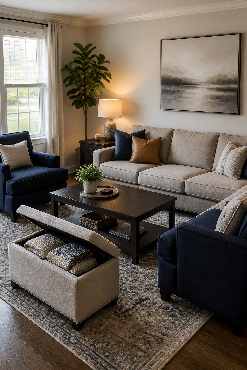 An ottoman and coffee table with storage in a living room.