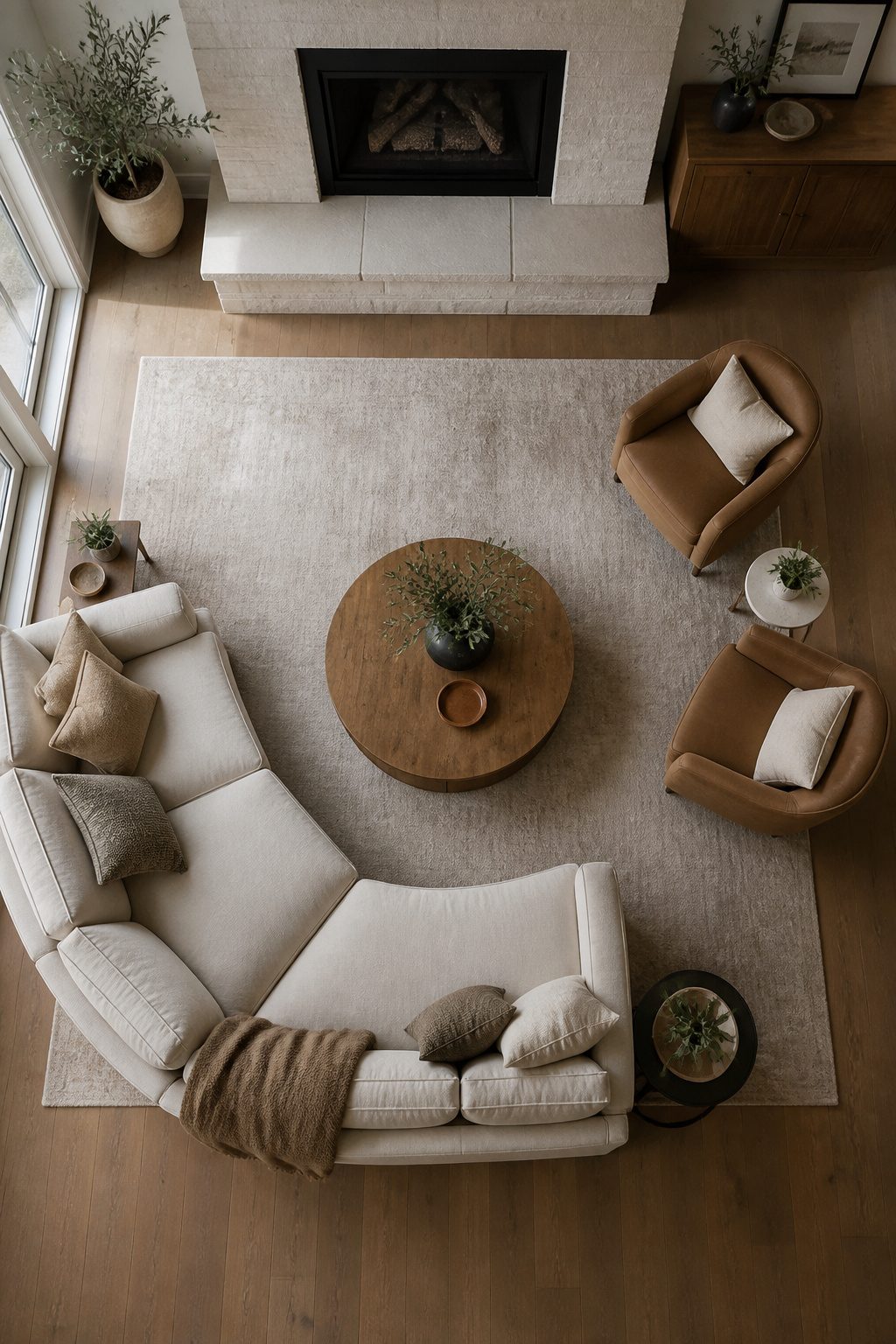 Sofas and chairs arranged in a U-shape in a living room.