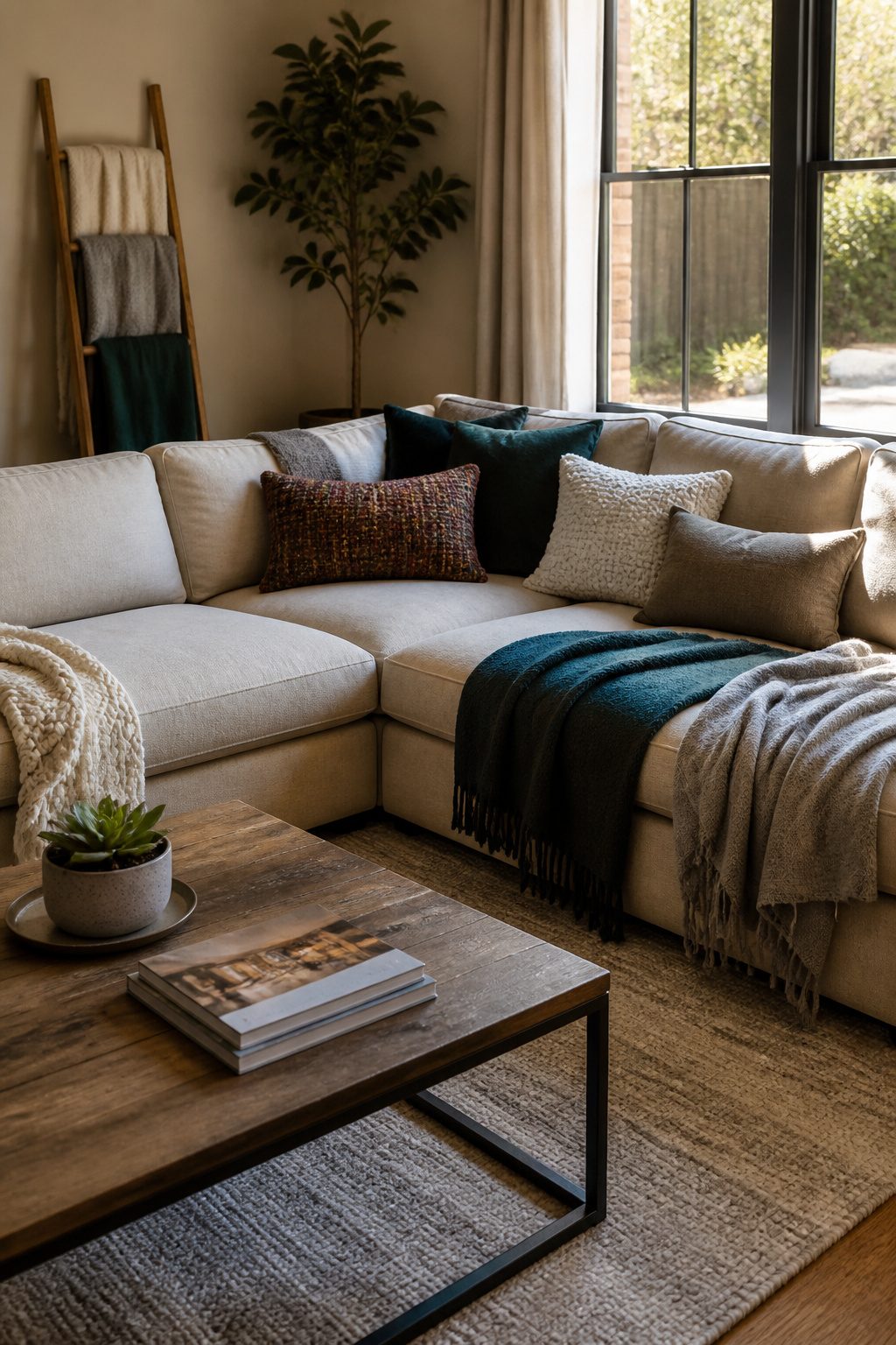 A sectional sofa with blankets and pillows in various textures.