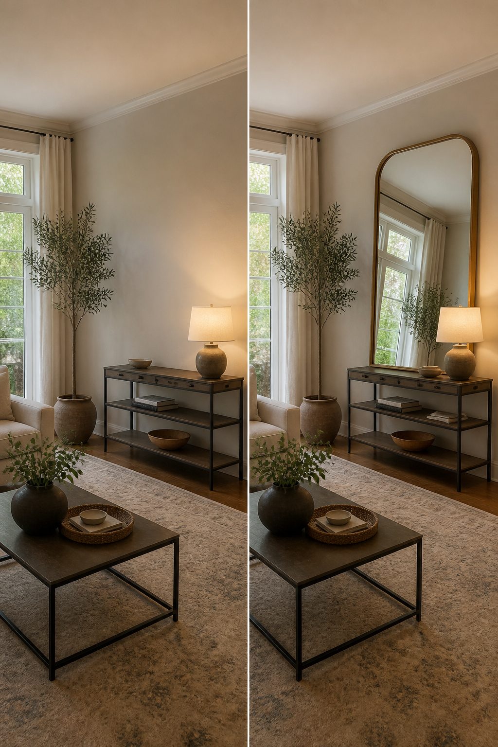 A large mirror hung on the wall opposite a window.