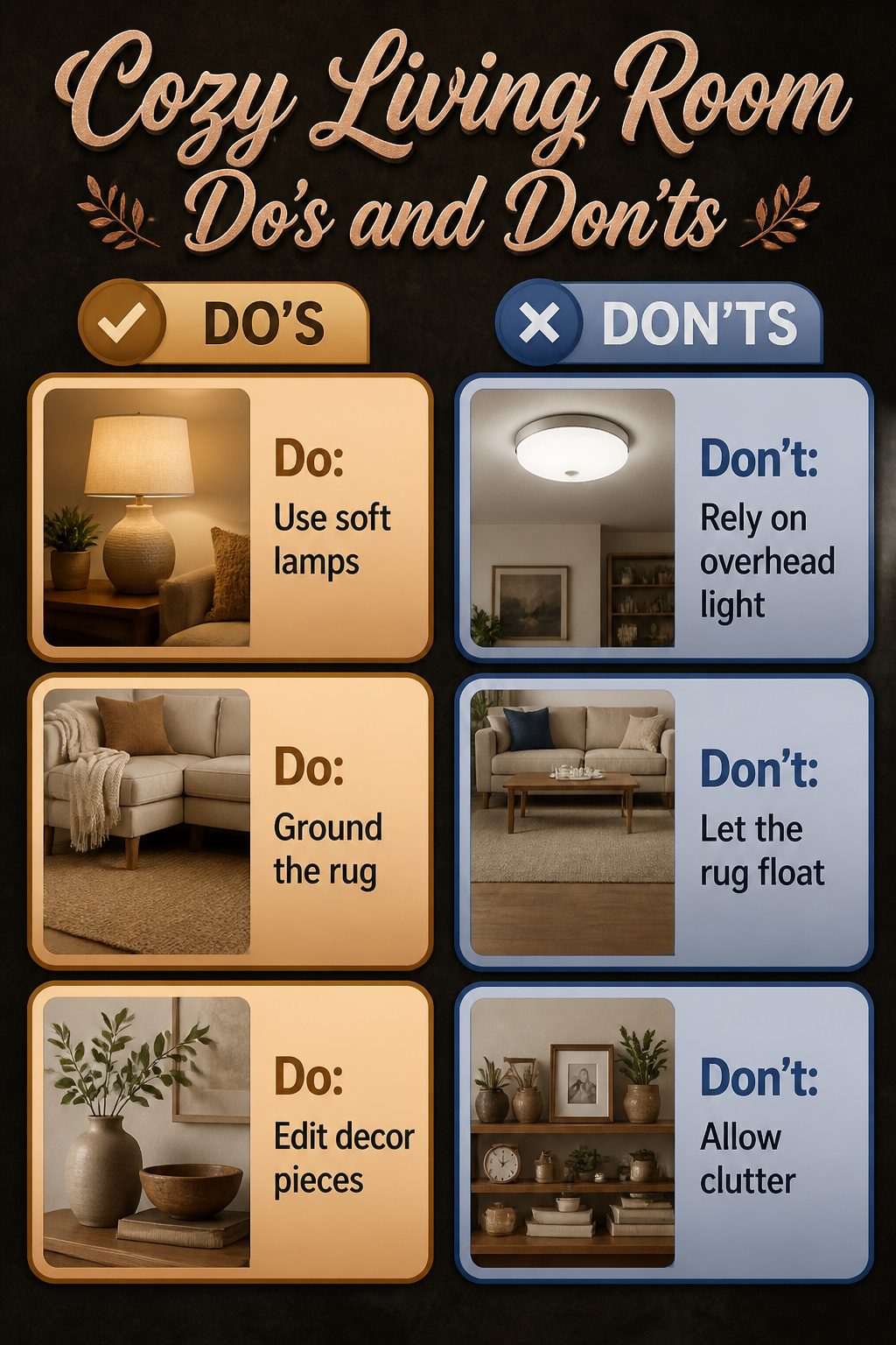 An infographic highlighting cozy living room do's and don'ts.