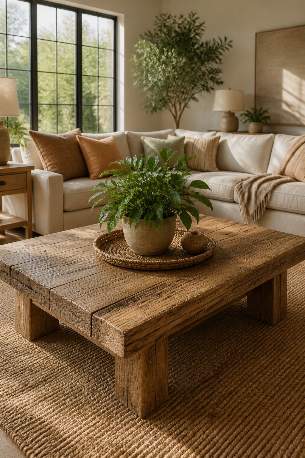 A coffee table with natural wood and potted plants.