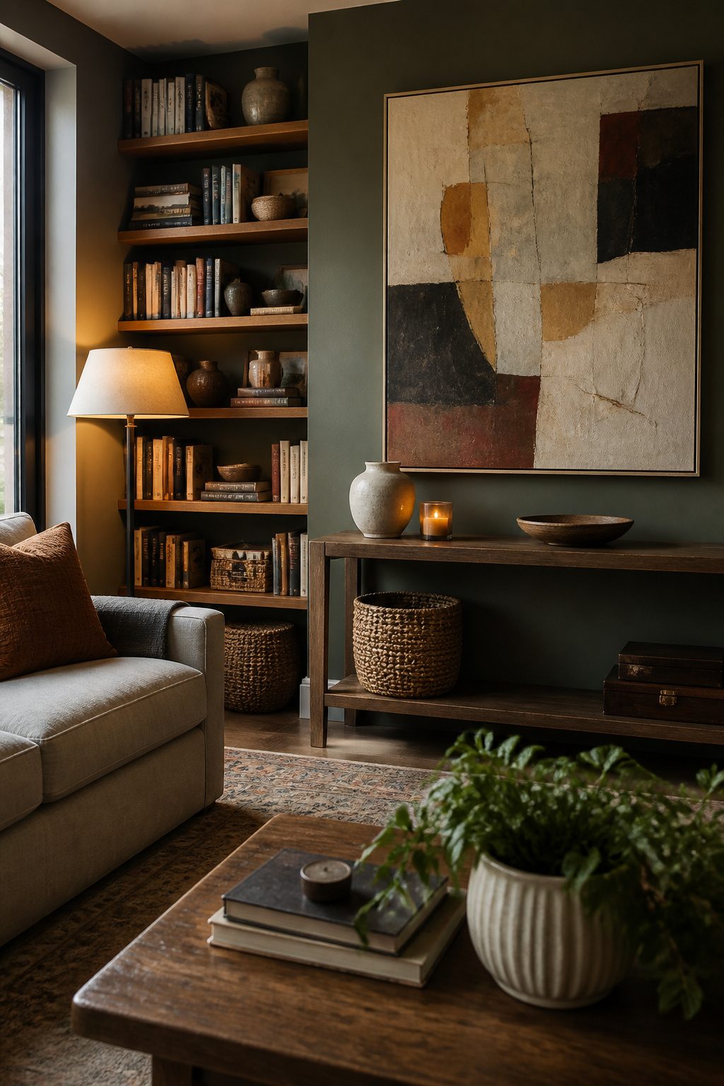 A corner bookcase filled with books and personal items.