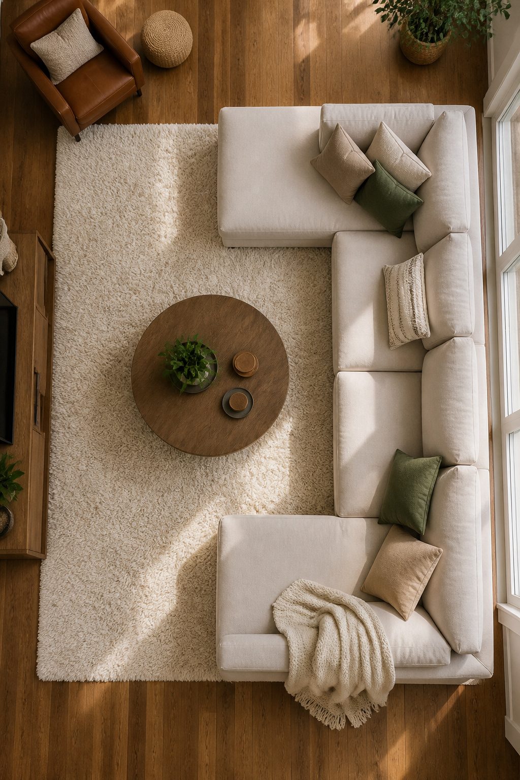 A large rug with furniture positioned on it in a living room.