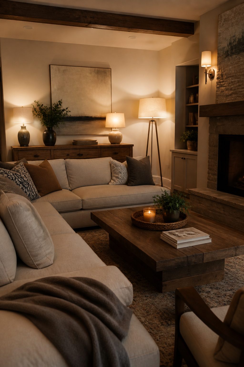 A stylish floor lamp and table lamps provide warm lighting.