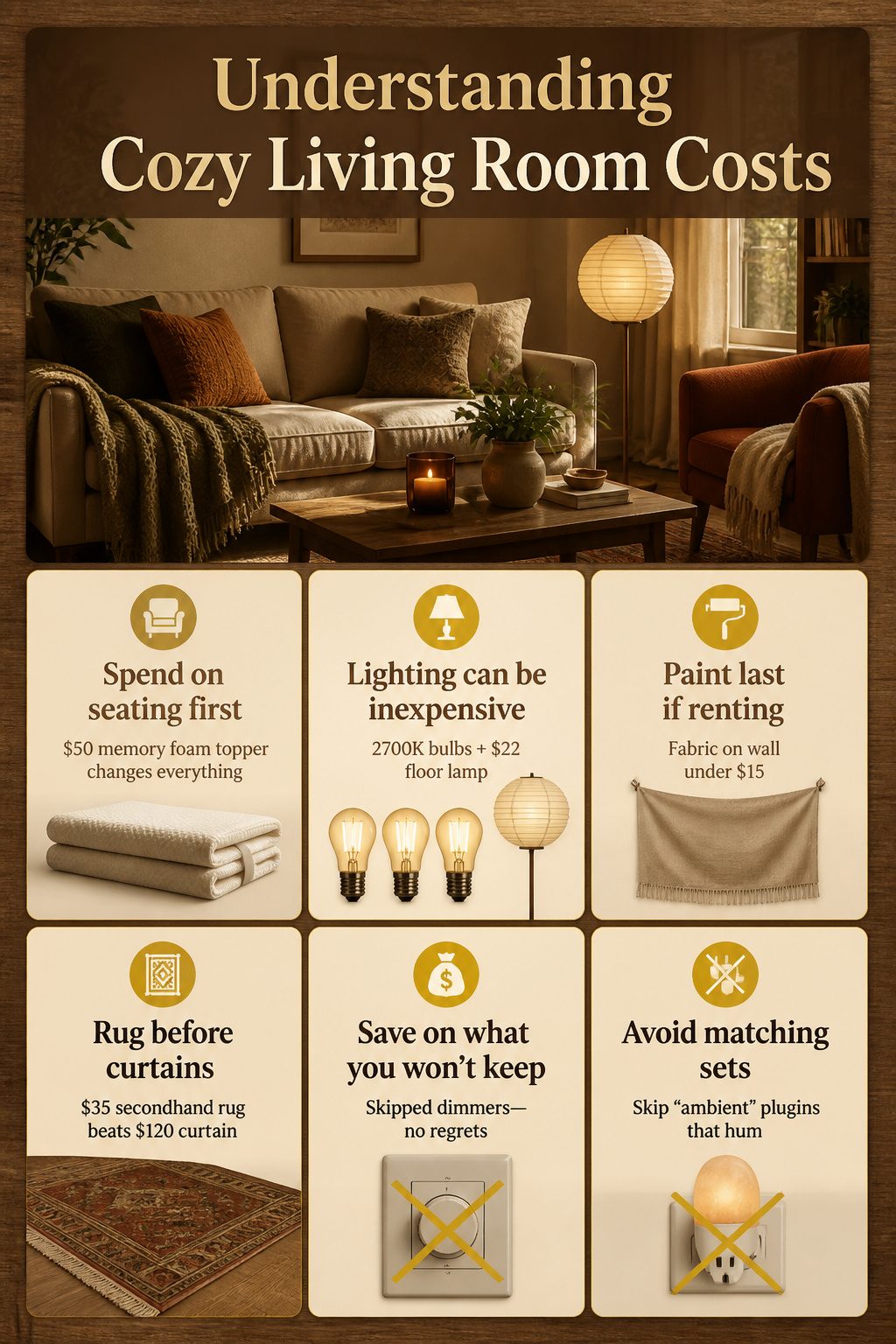 An infographic about cozy living room costs and budgeting.