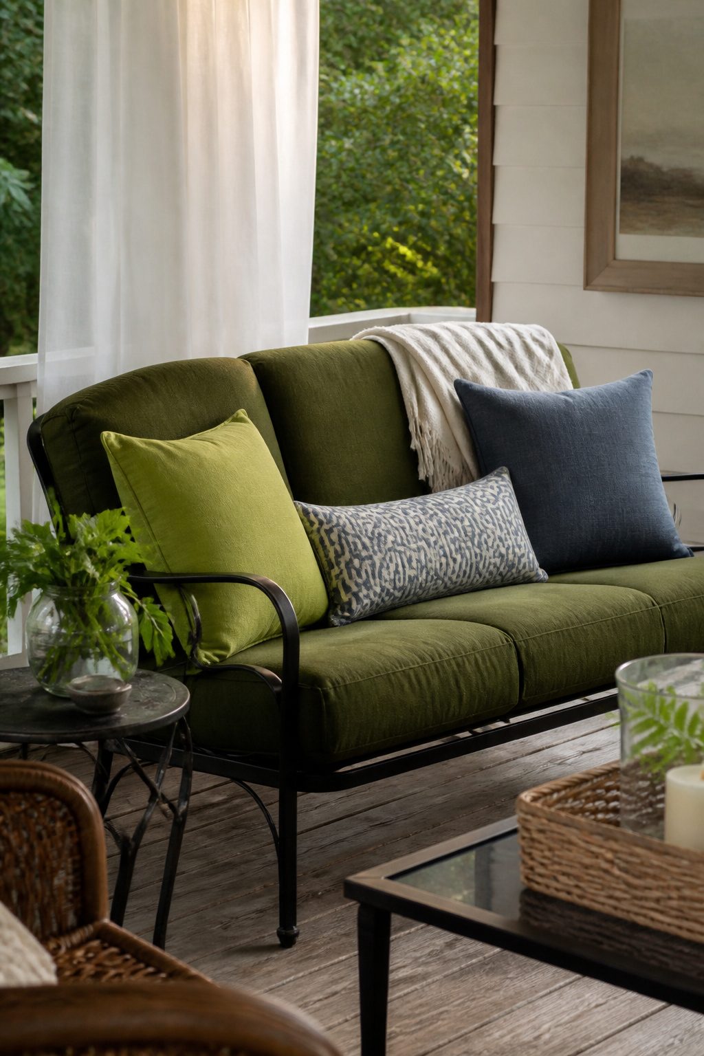 A wrought iron loveseat with Charleston green cushions and a cotton throw.