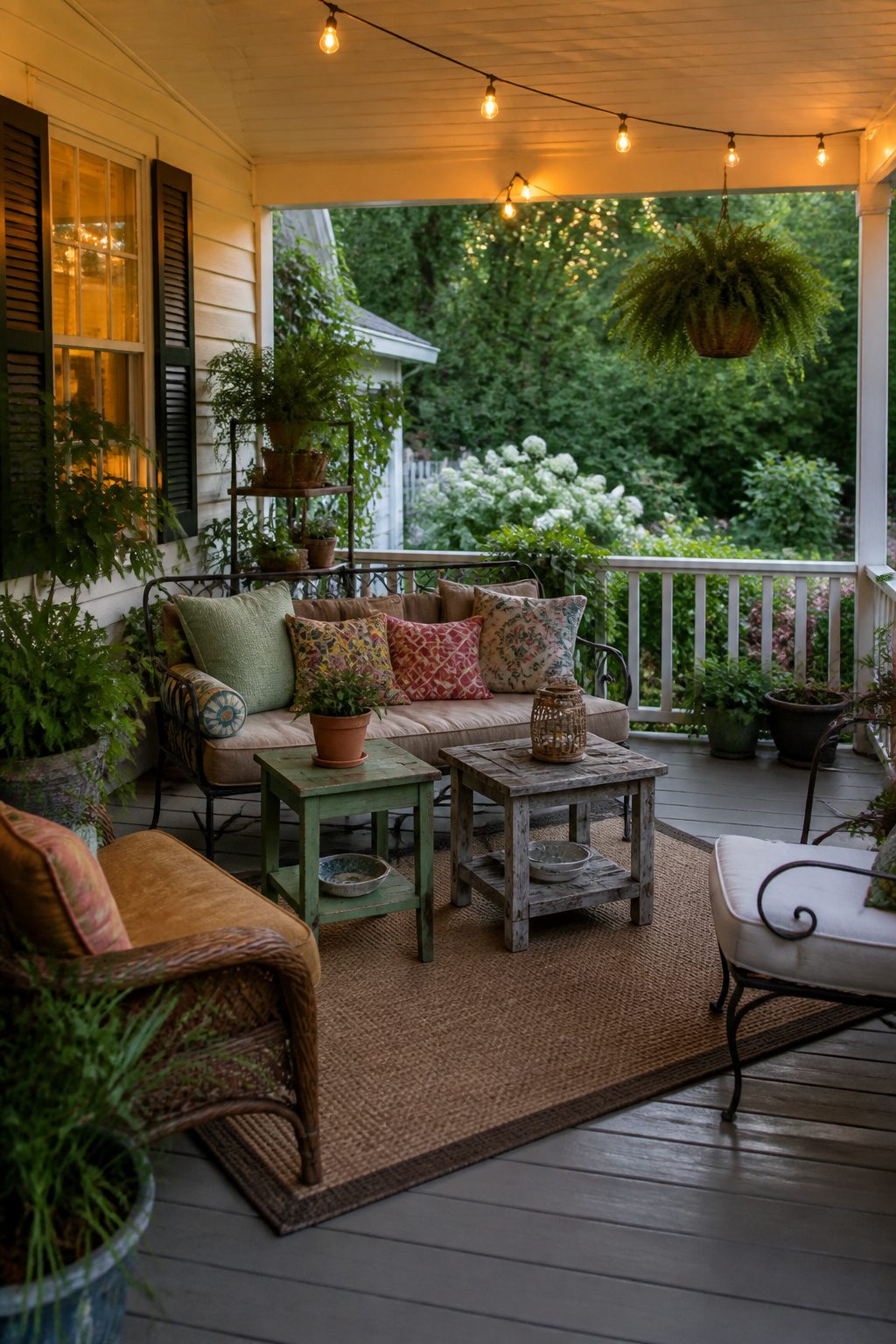 A cozy porch with mismatched seating and decorative elements.