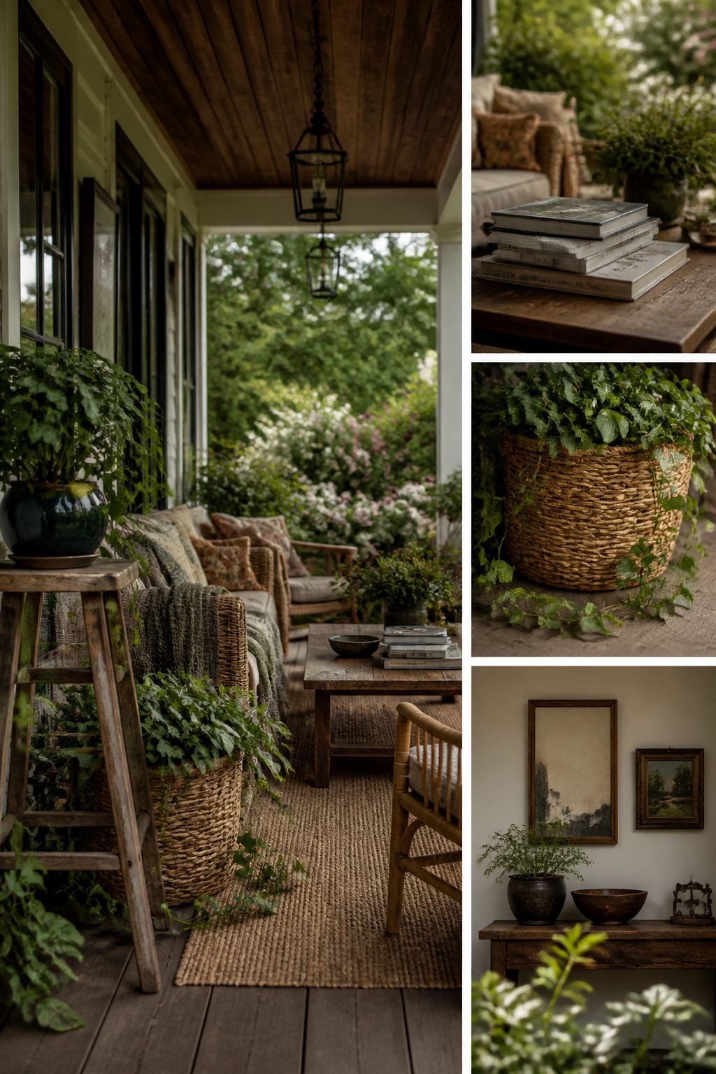 A thrifted basket and wooden stools used as decorative accents on a porch.