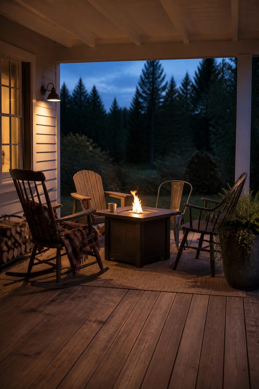 A propane fire pit on a porch, surrounded by seating.