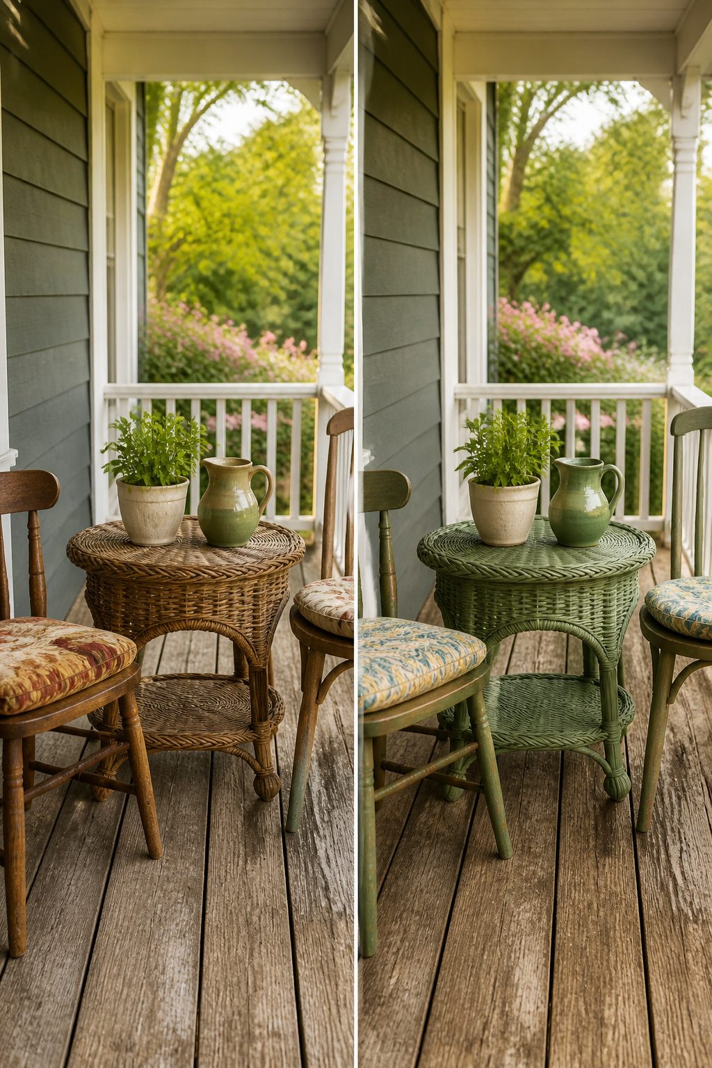 A green wicker table repurposed for outdoor use on a porch.