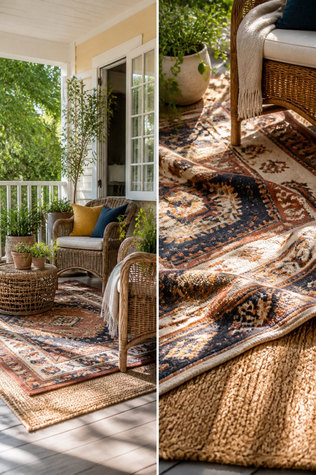 Various textures layered on the floor of a cozy porch.
