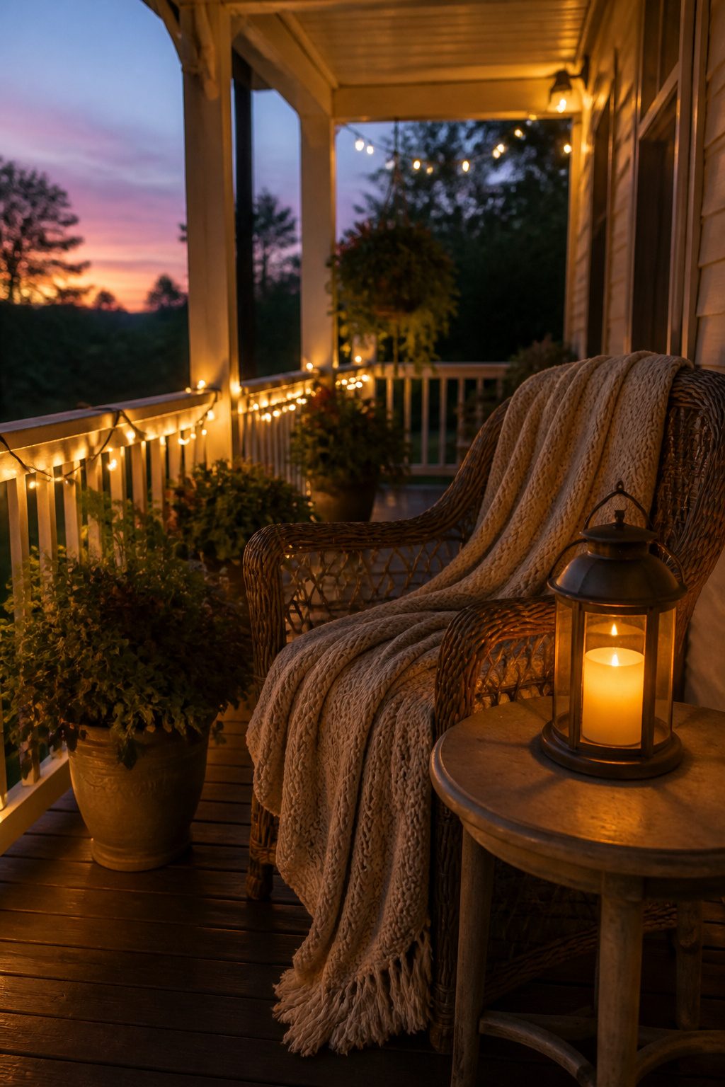 White string lights wrapped around a mirror on a porch.