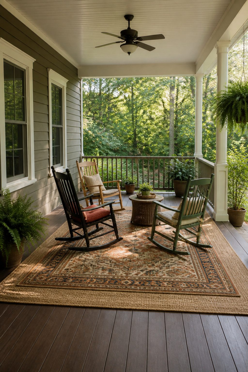 Home 26 An outdoor rug layered under a seating area on a porch.