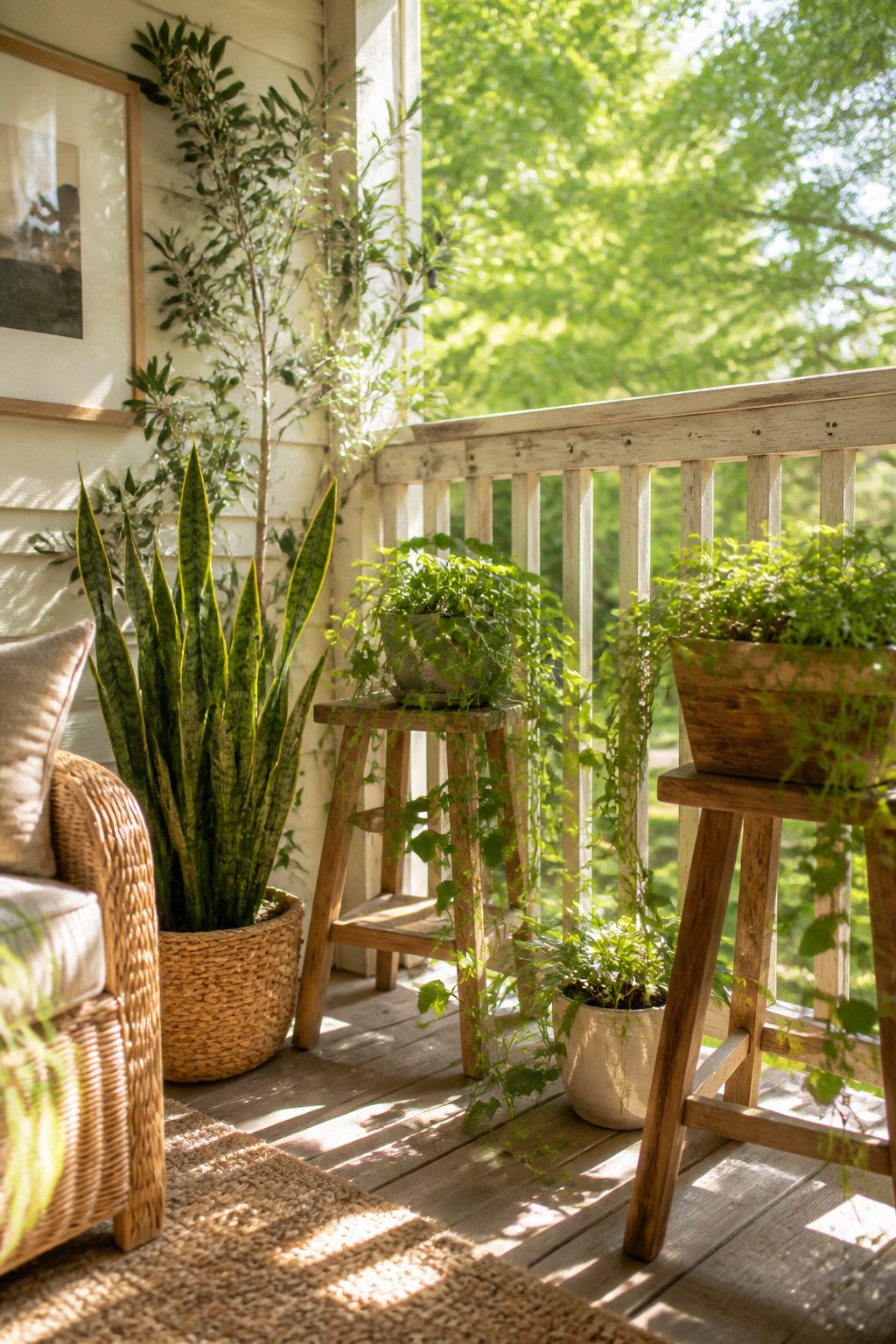 Real and faux plants arranged on a porch with a wooden railing.
