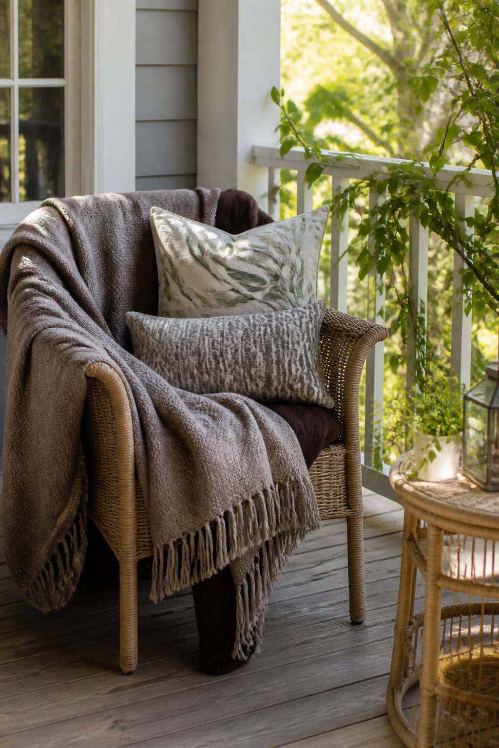 Textured throws on a weathered wicker chair on a porch.