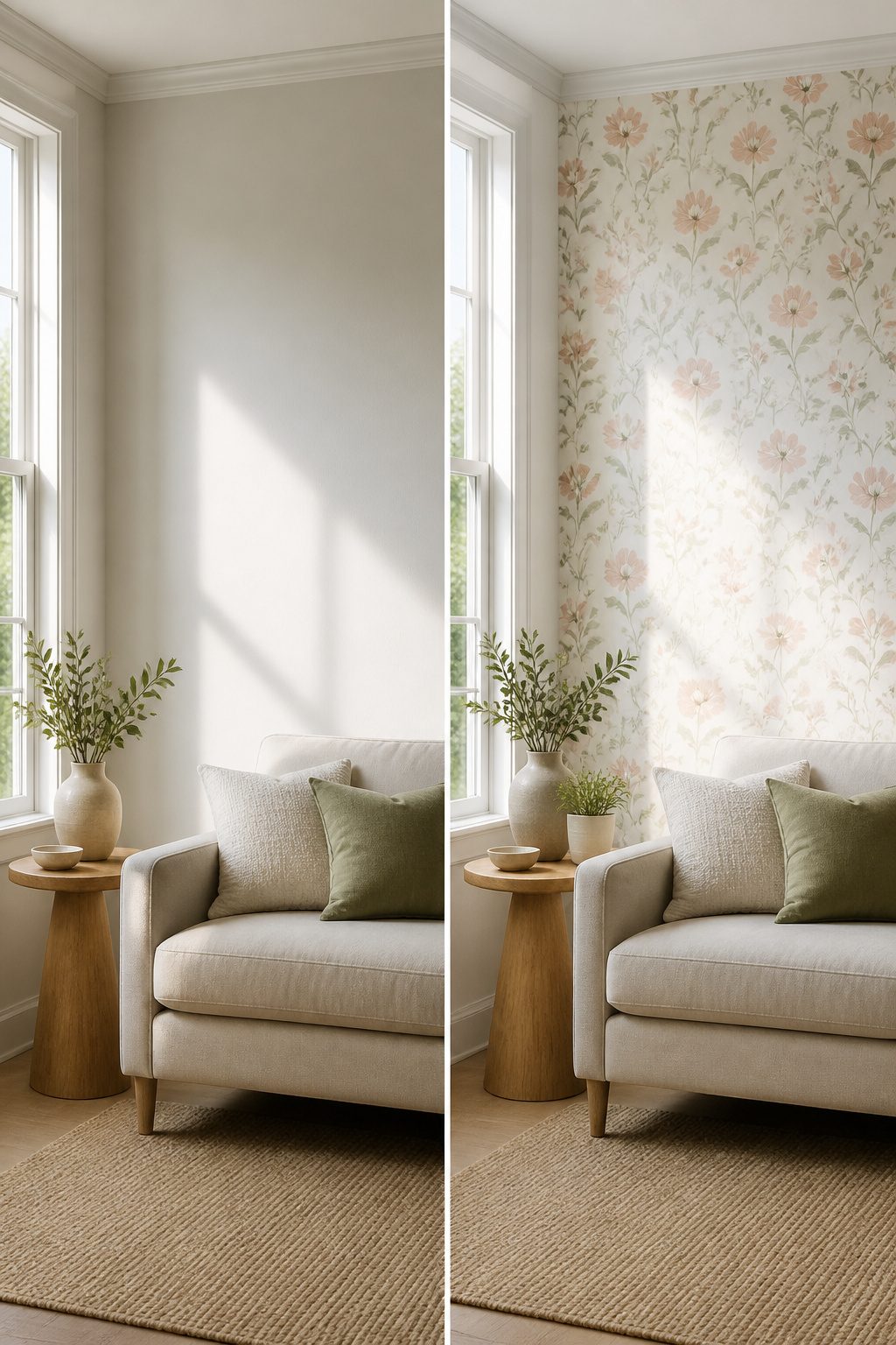 A wall decorated with removable wallpaper in a cozy space.