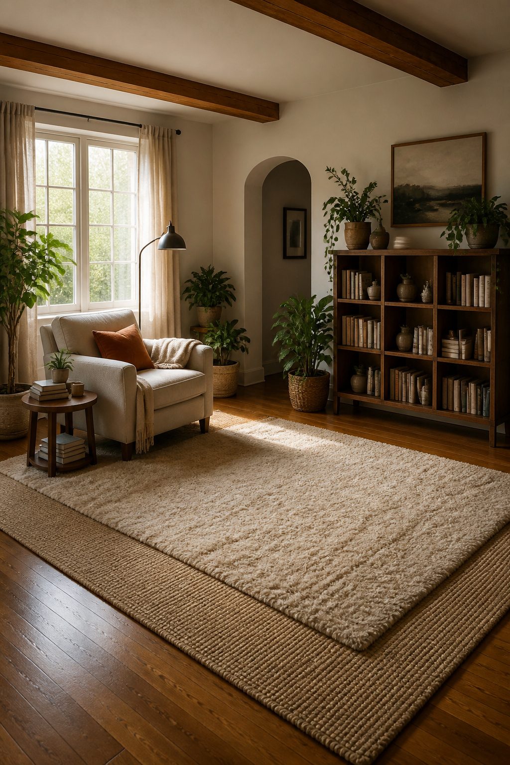 A large area rug positioned in a cozy living room.