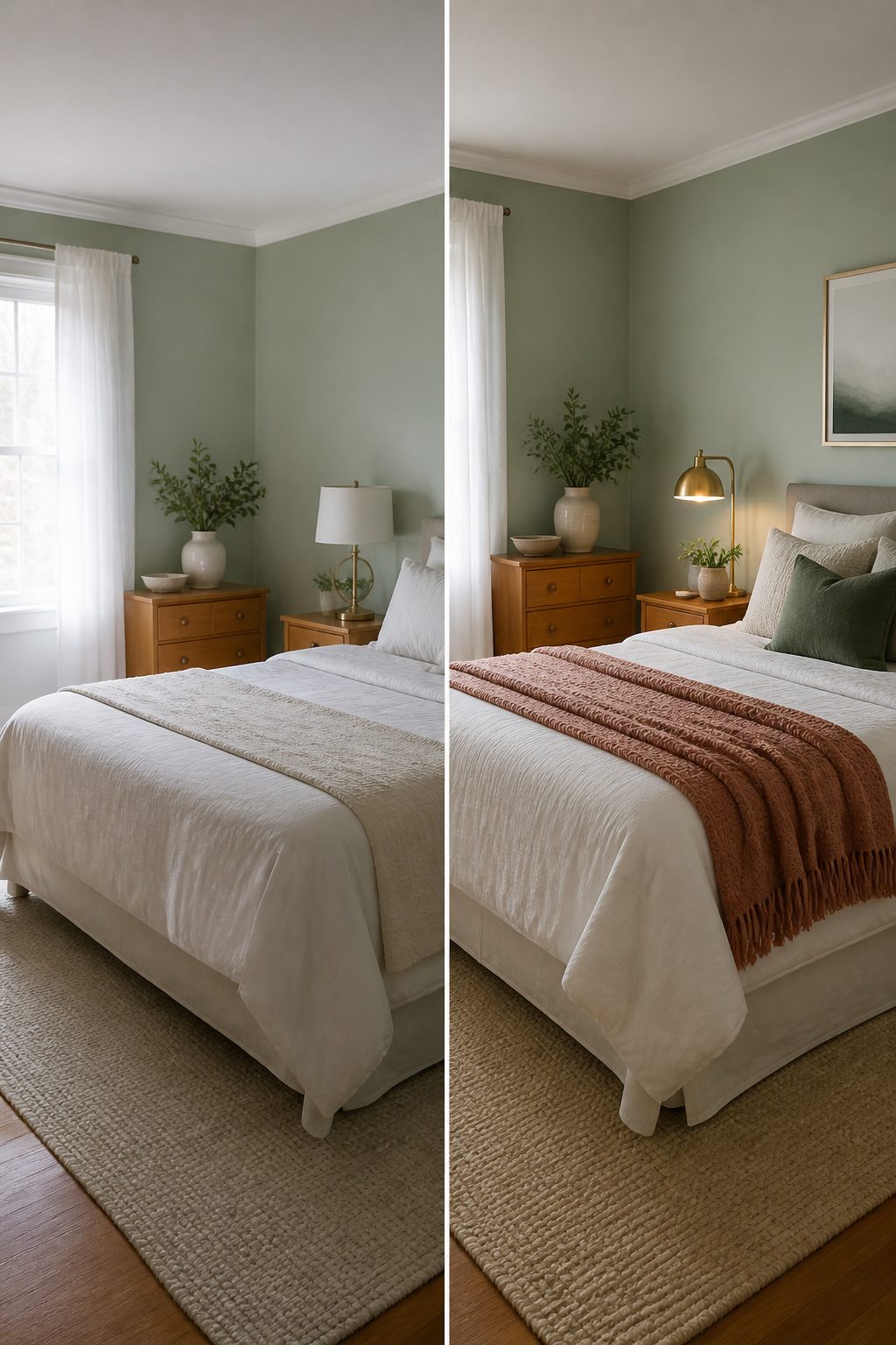 A cozy room featuring sage green walls and warm decor accents.