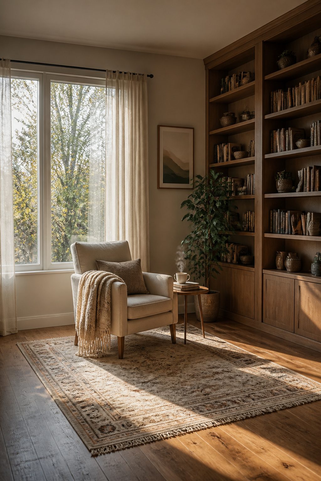 A cozy reading nook with a chair and lamp by the window.
