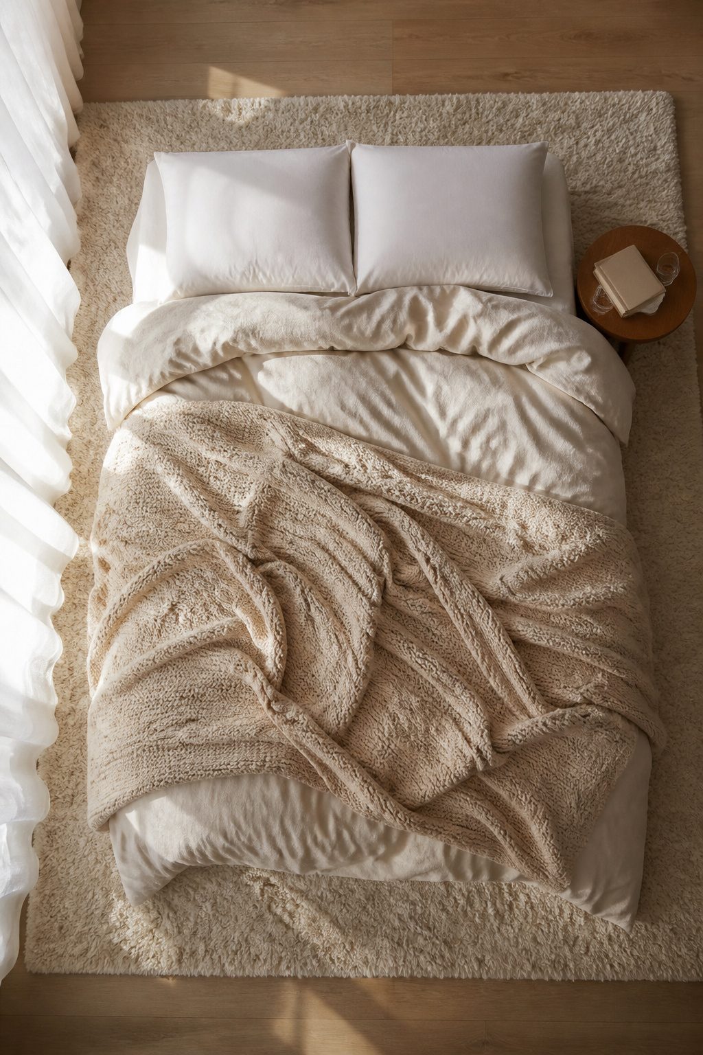A bed with fluffy duvet, textured throws, and soft sheets.