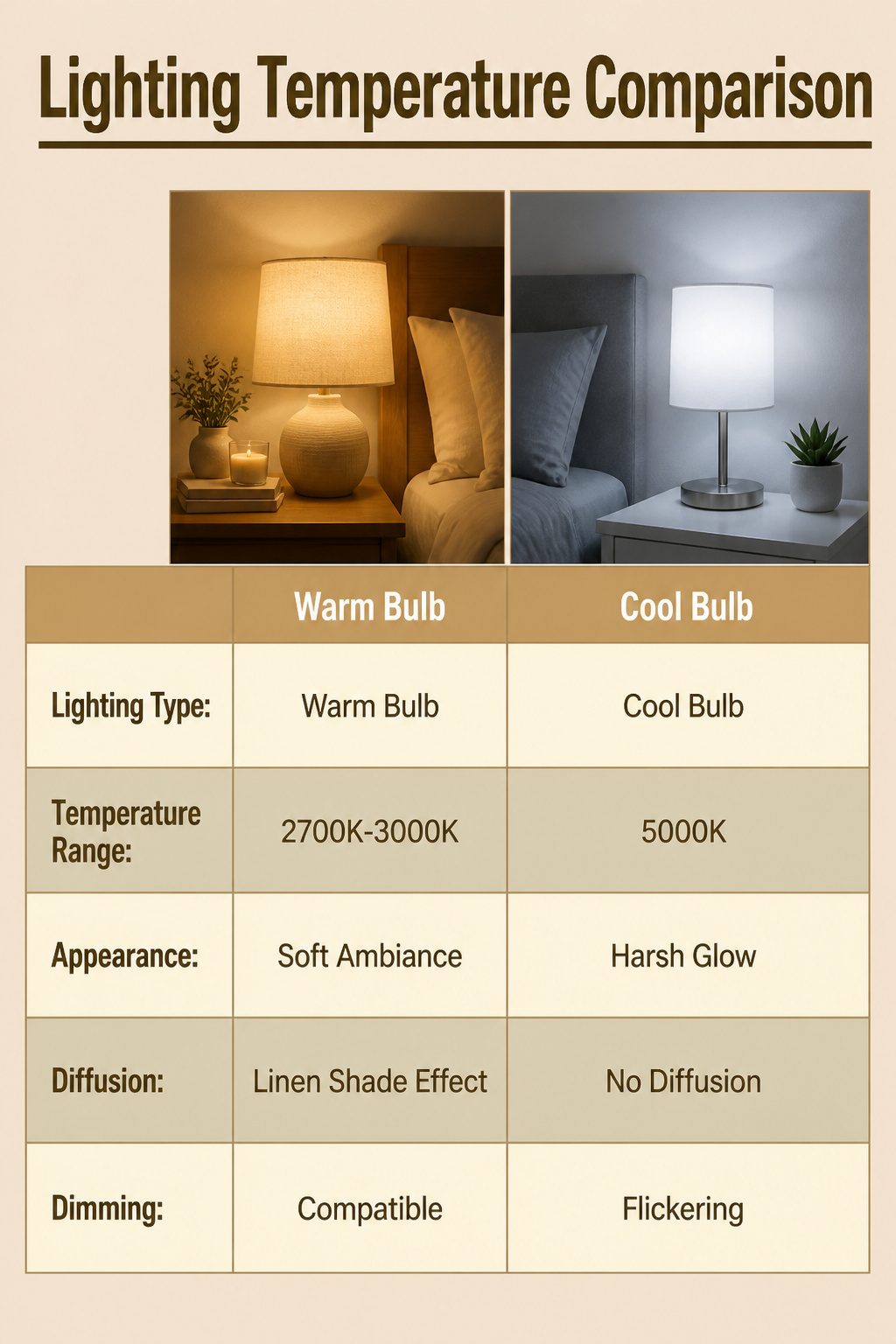 A comparison of lighting temperatures in a cozy living space.
