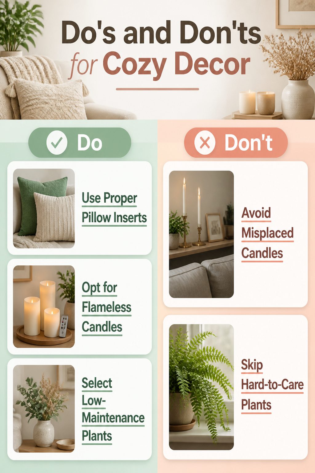 A visual guide showing do's and don'ts for cozy decor.