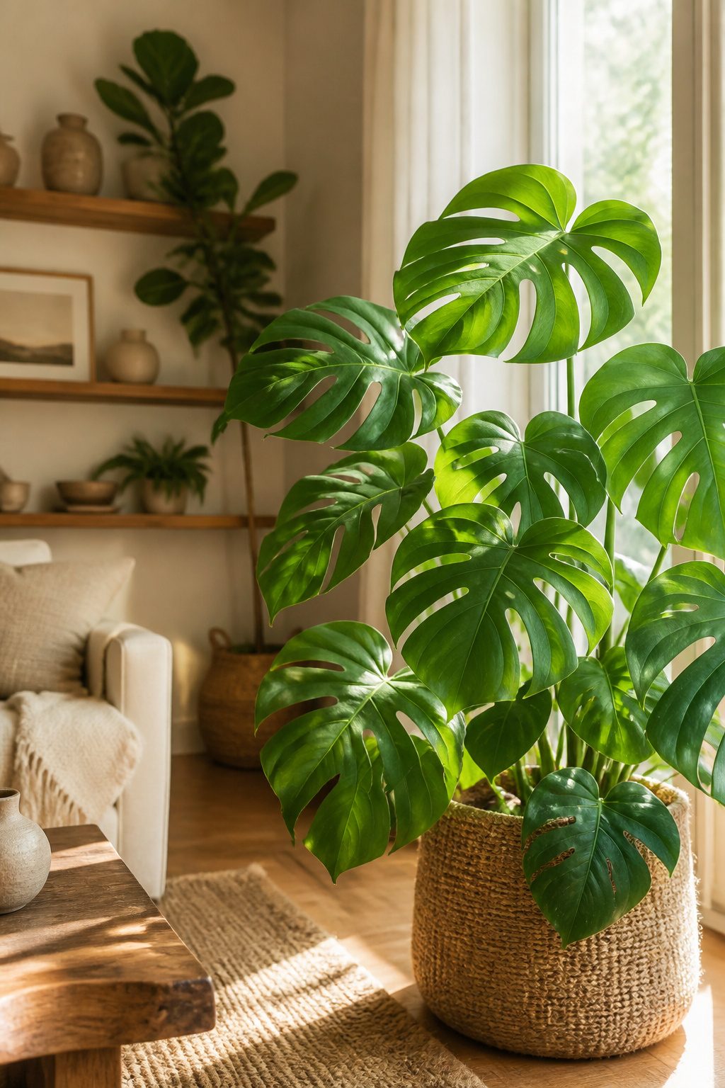 A Monstera and fiddle leaf fig in a cozy room setting.
