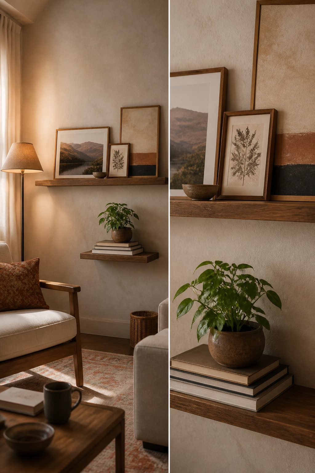A wall with grouped frames and personal items in a cozy room.