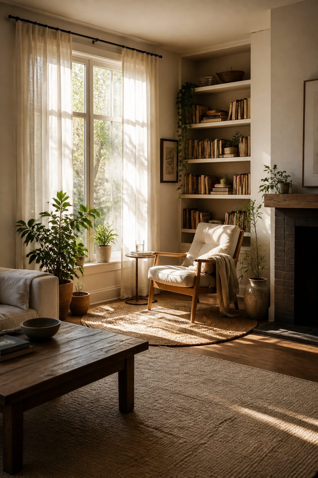 A reading nook with a chair and lamp facing a quiet corner.