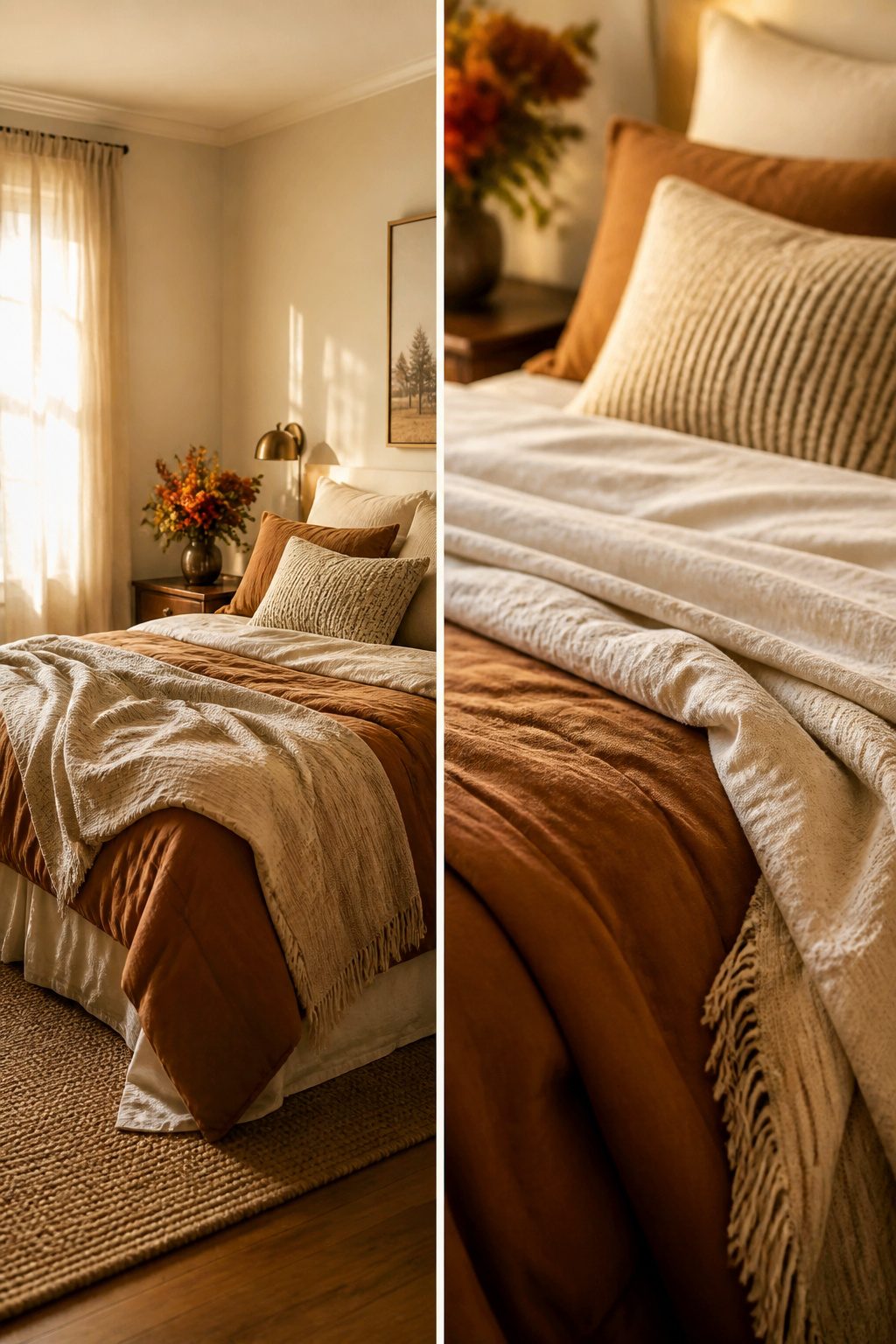 Duvet cover and pillow covers arranged for seasonal decor.