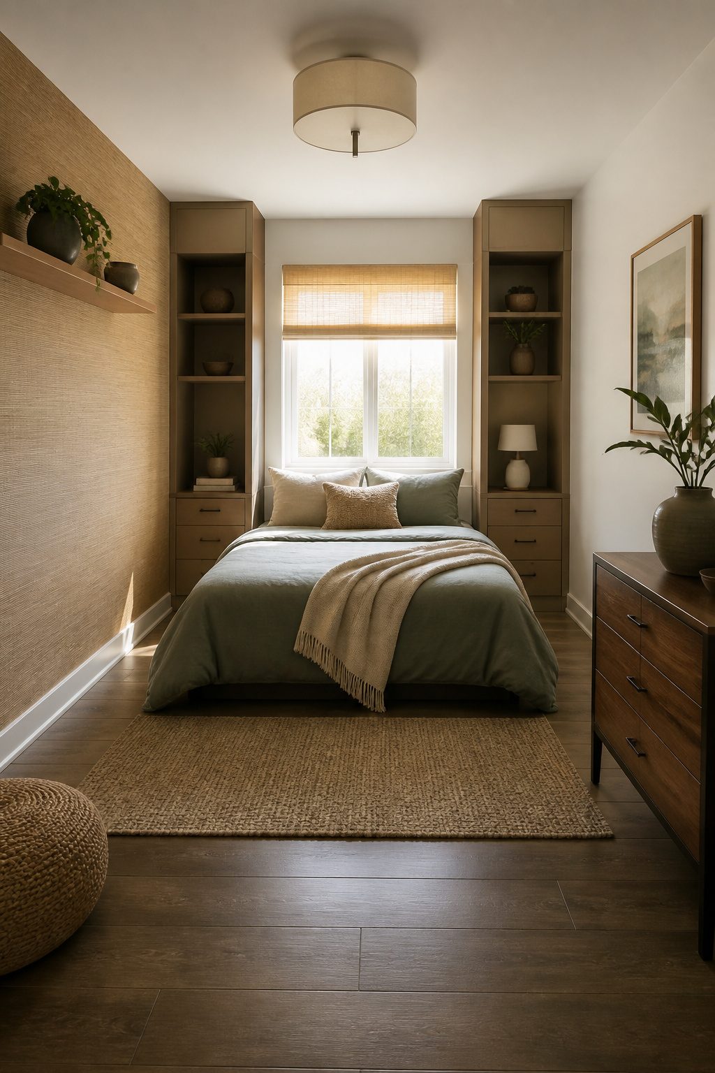 A small room with layered decor and open floor space.