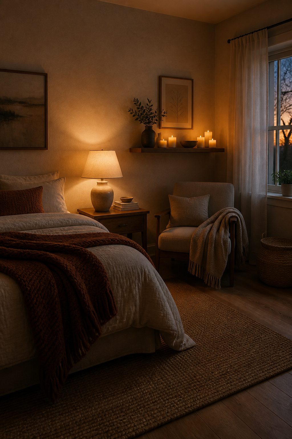 A cozy room illuminated by soft white bulbs and table lamps.