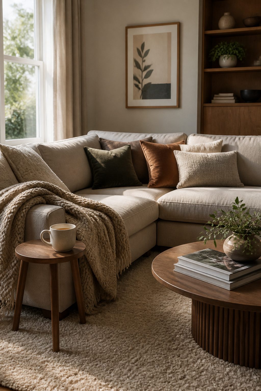 A sectional sofa with velvet, chenille, and brushed cotton pillows.