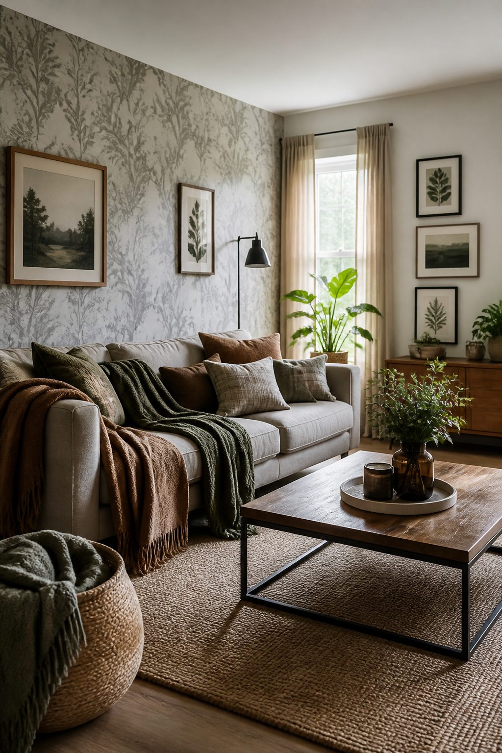 A feature wall with soft gray botanical wallpaper in a living room.