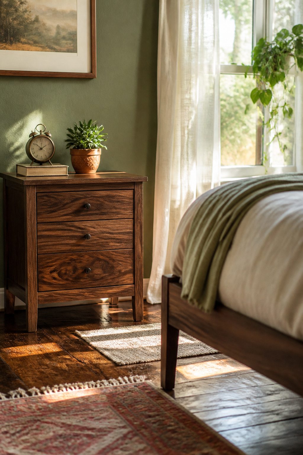 A walnut nightstand with a succulent and antique clock in a cozy bedroom.